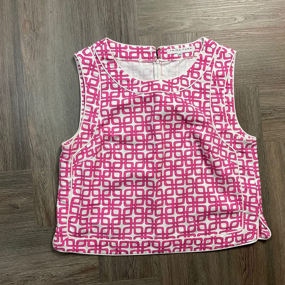 Trina Turk Top Womens 12 Pink White Geometric Chain Link Sleeveless Mod Classic